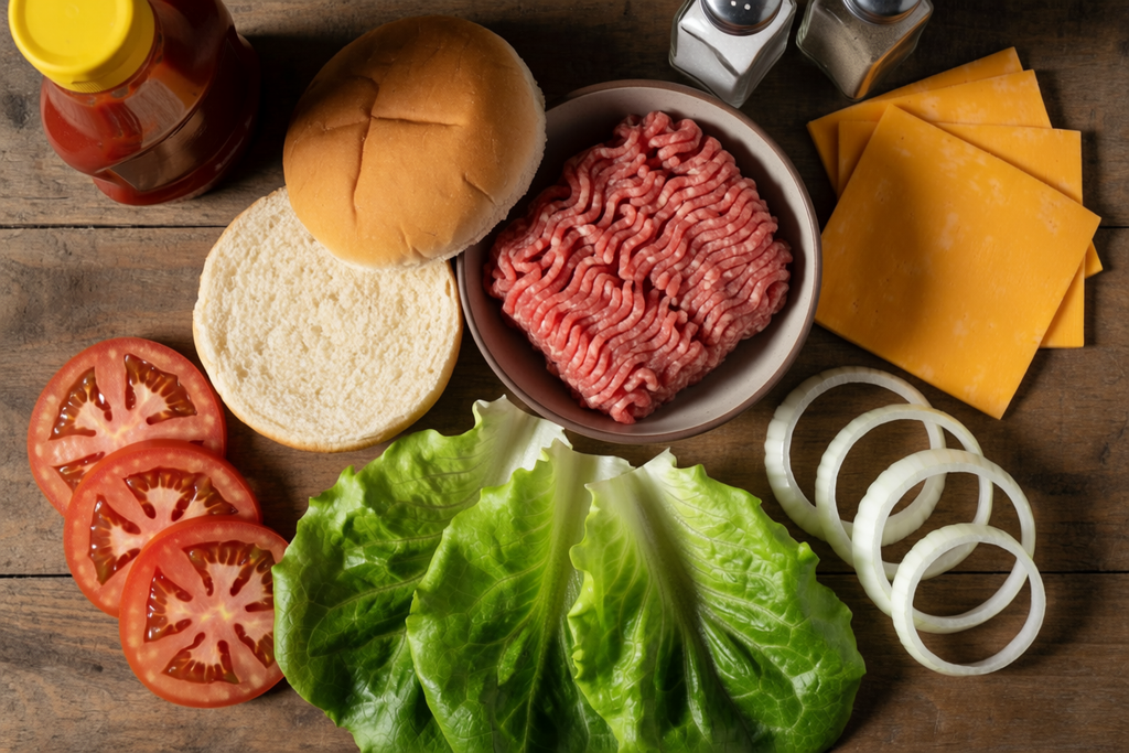 Fresh cheeseburger ingredients - raw ground beef, cheddar cheese slices, white onion rings and lettuce on wooden table