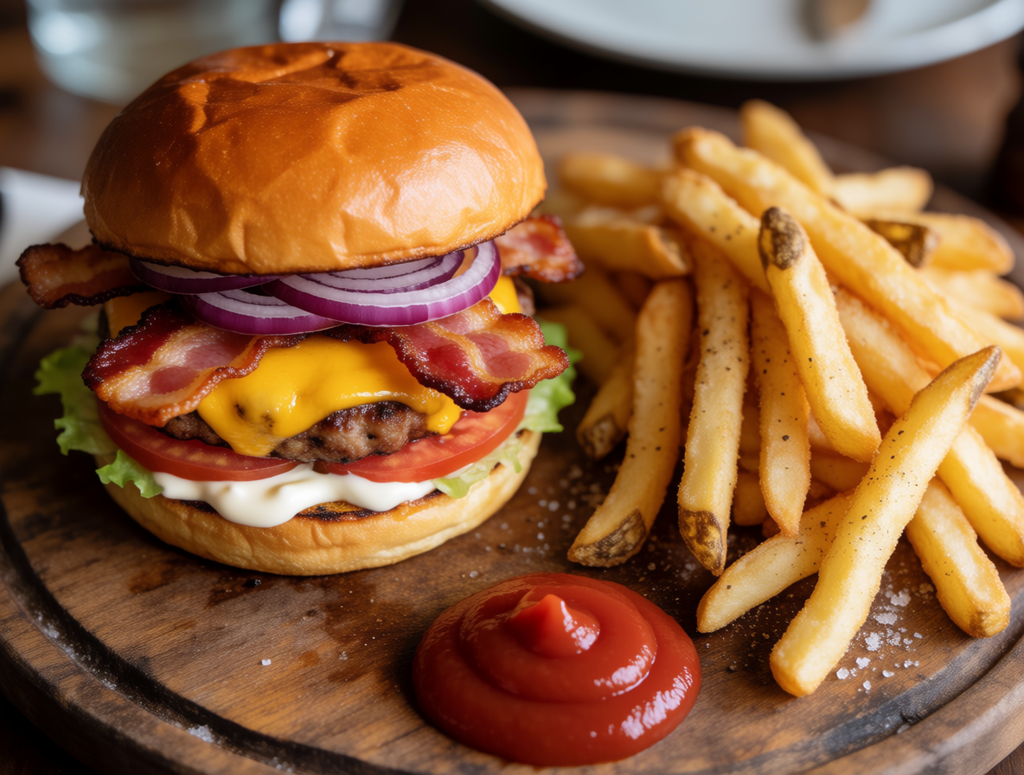 Juicy double cheeseburger with melted cheddar cheese and fresh lettuce on sesame seed bun