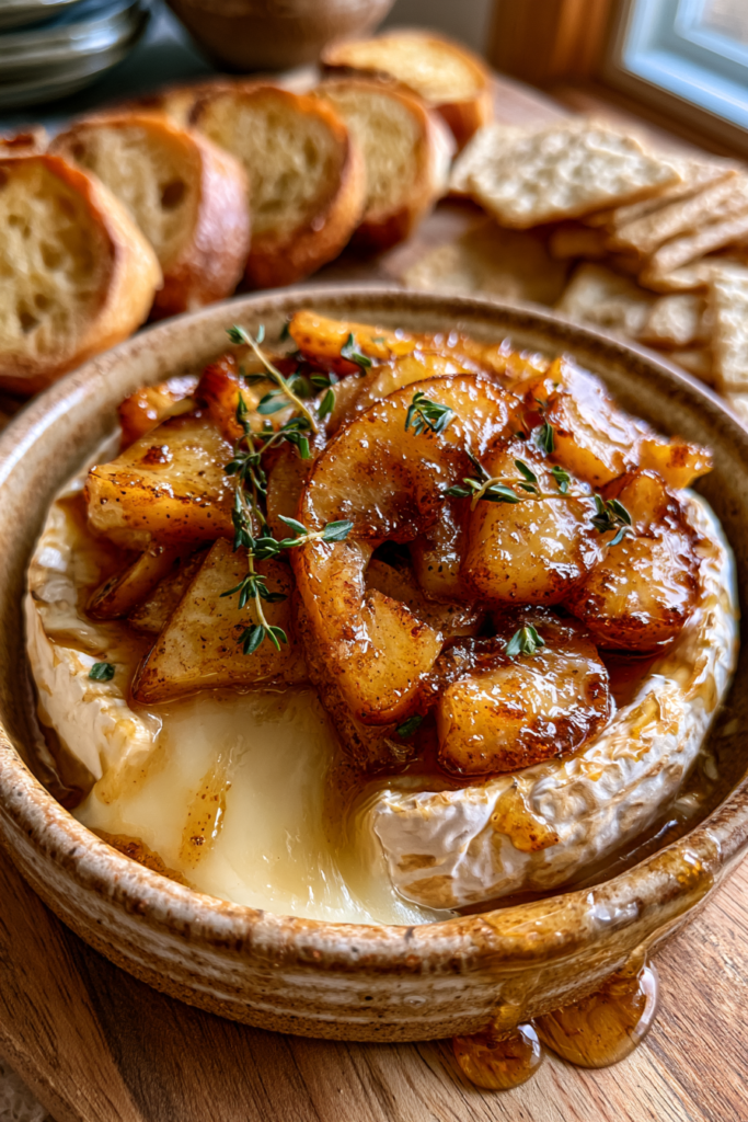  Golden Baked Brie topped with caramelized apples & fresh thyme. 