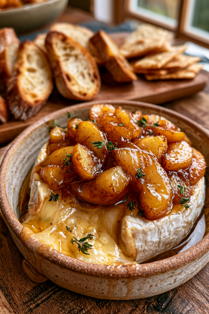 Golden Baked Brie topped with caramelized apples & fresh thyme.