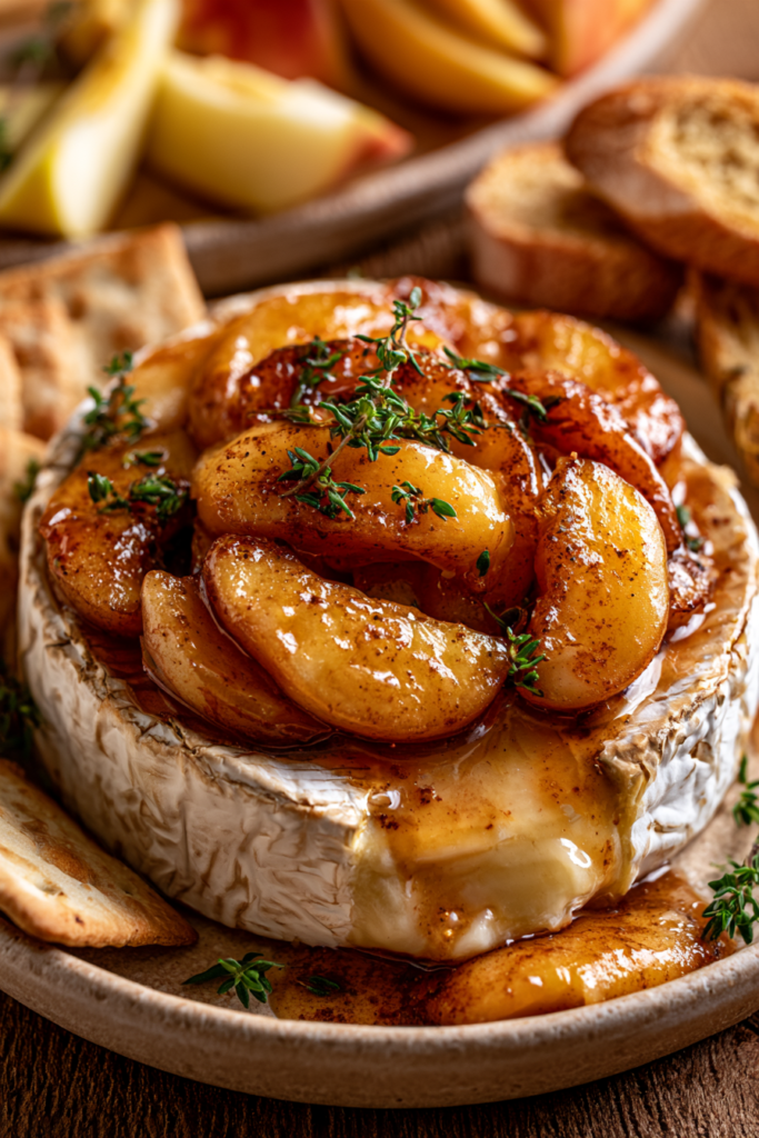  Golden Baked Brie topped with caramelized apples & fresh thyme. 