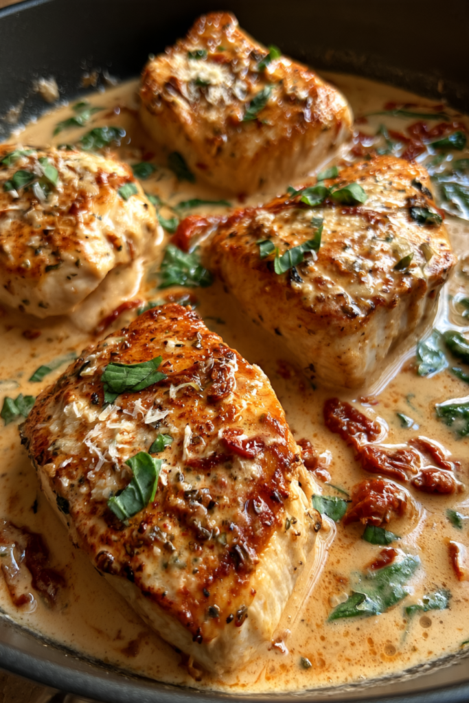 Marry Me Chicken with golden chicken breasts in creamy Parmesan sauce, sun-dried tomatoes, and fresh basil in a skillet.