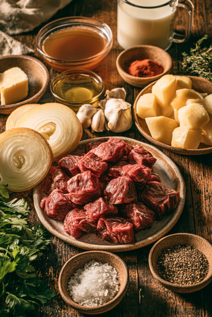 Seared Beef Tips with Caramelized Onions & Creamy Mashed Potatoes