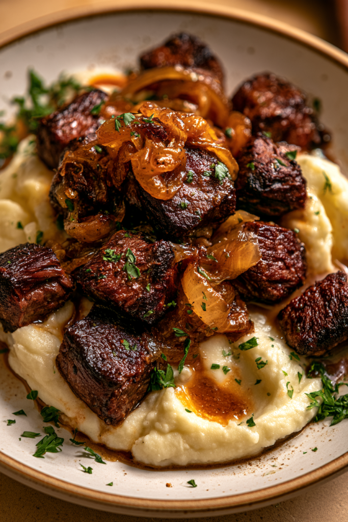 Seared Beef Tips with Caramelized Onions & Creamy Mashed Potatoes