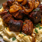 Seared Beef Tips with Caramelized Onions & Creamy Mashed Potatoes