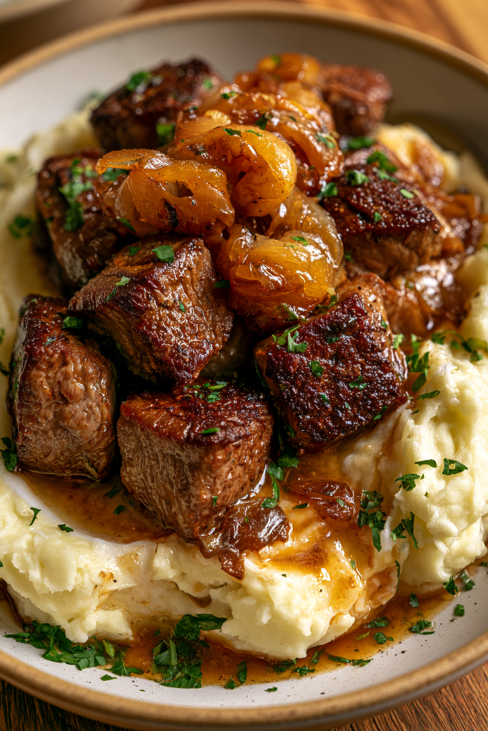 Seared Beef Tips with Caramelized Onions & Creamy Mashed Potatoes
