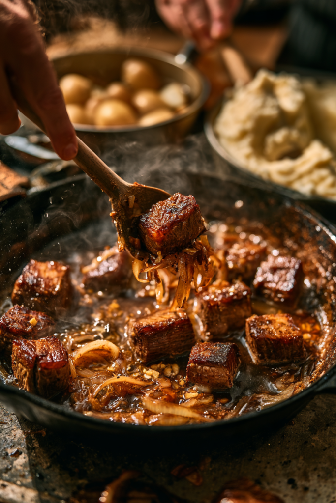 Seared Beef Tips with Caramelized Onions & Creamy Mashed Potatoes